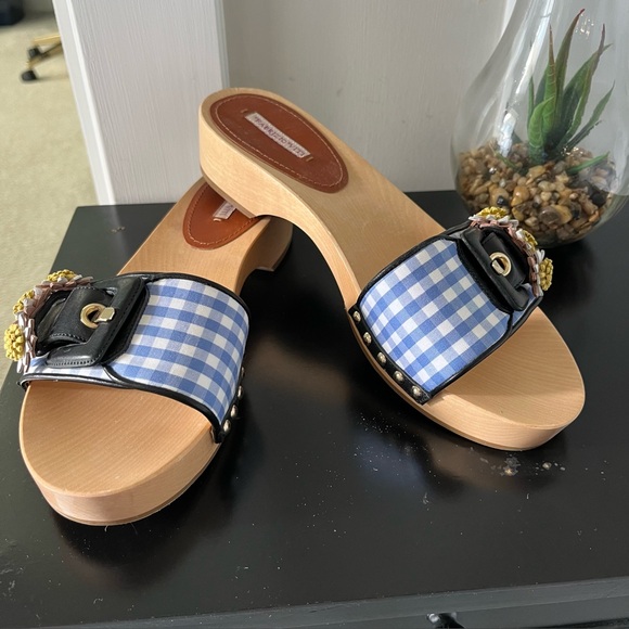 Fabrizio Viti Blue Gingham Wooden Sandal Sz 39/8.5 - Picture 1 of 11